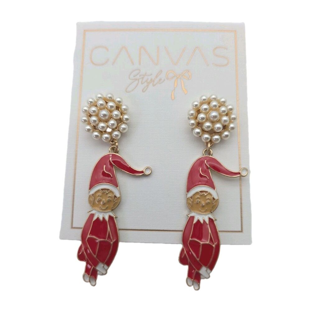 Canvas Style Jewelry Christmas Santa Elf Dangle Enamel Gold Plated Earrings